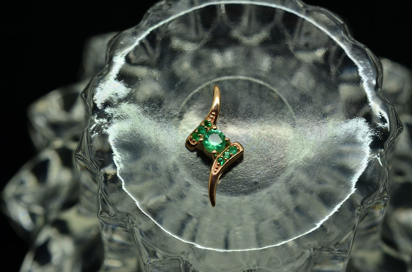 10K Rose Gold floating bypass design pendant charm with green emeralds