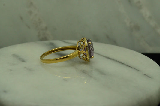 14K Yellow Gold round amethyst ring band w/ diamond halo size 9
