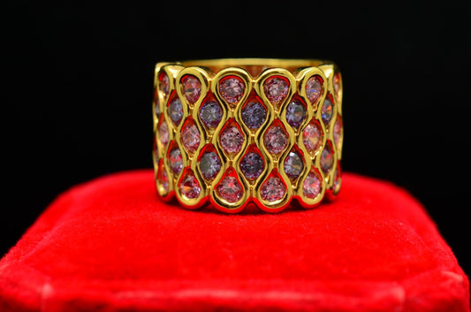 Vermeil 925 Sterling Silver Pink & Purple CZ Design Ring Wide Band Size 6.75