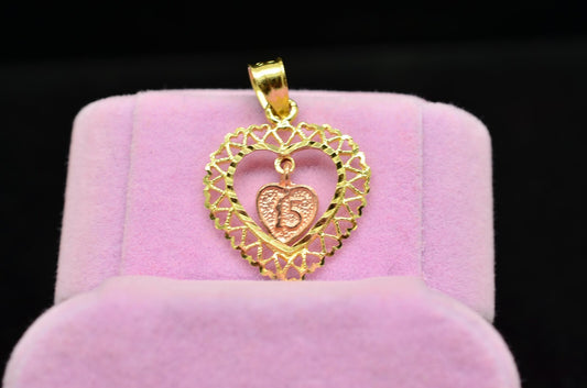 14K Yellow Gold Filigree Open Heart Pendant Charm w Dangling 15 Rose Gold Heart