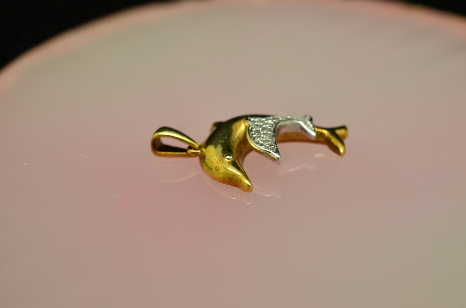 10K Yellow & White Gold Mother & Baby Dolphin pendant charm w/ diamonds