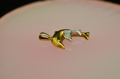 10K Yellow & White Gold Mother & Baby Dolphin pendant charm w/ diamonds
