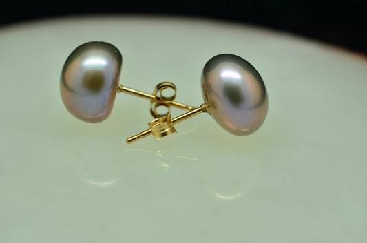 14K Yellow Gold Natural Gray Pearl Stud Earrings 9.2mm
