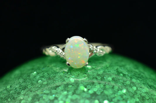 14K White Gold Infinity Design White Opal Engagement Ring with Diamonds Size 7