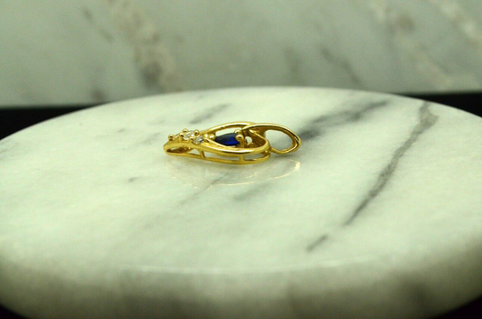 14K Yellow gold open heart framed blue topaz & cz pendant charm