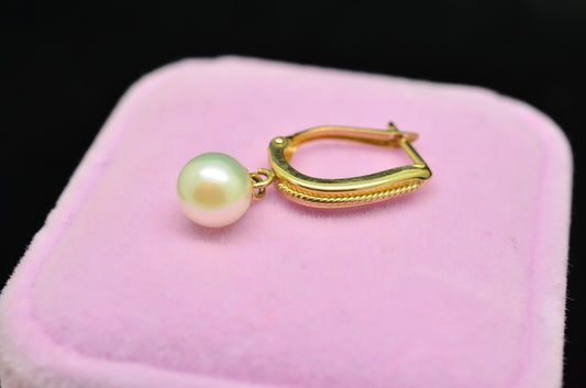 14K Yellow Gold U Shaped Hoop Single Earring With Dangling White Pearl -just one