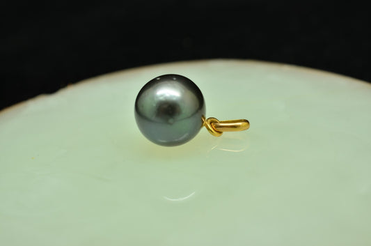 18K Yellow Gold Natural Round Gray Tahitian Pearl Pendant Charm 11mm