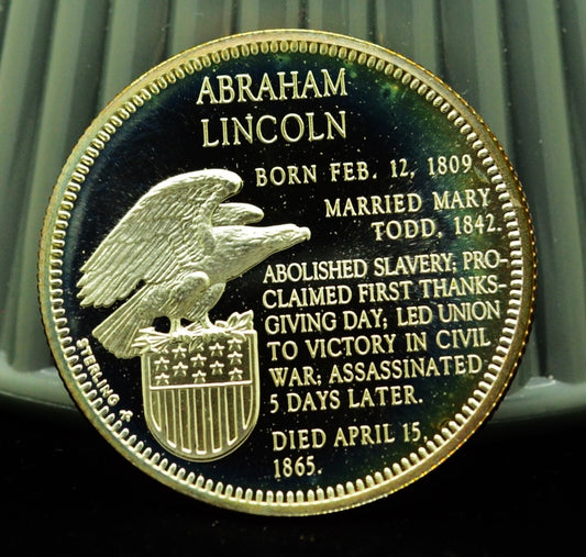 925 Silver Franklin Mint Art Round Presidential Treasury Abraham Lincoln