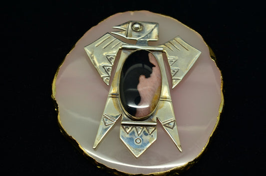 925 Sterling Silver Thunderbird Bird Pin Brooch w/two tone oval Onyx