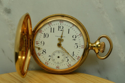 1900 WALTHAM POCKETWATCH 15 JEWEL SIZE 0 BEAUTIFUL ETCHED 14K GOLD HUNTER CASE