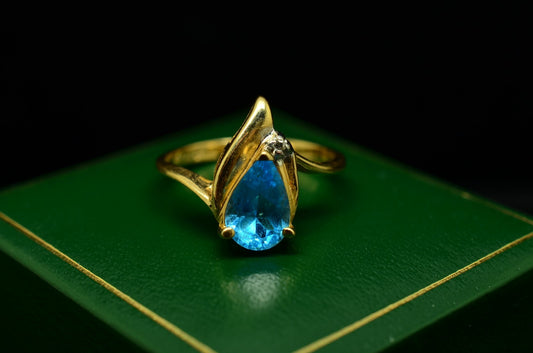 14K Yellow Gold Pear Cut Blue Topaz Ring Band w/ Diamond Accent Size 6.75
