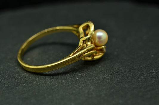 14K Yellow Gold natural light pink pearl ring band w/ diamond size 7.25