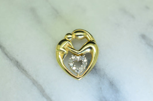 10K Yellow Gold mother & child open heart pendant charm with diamonds 0.20 tcw
