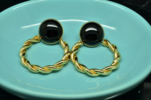 14K Yellow Gold dangling twisted hoops w/ black onyx post earrings