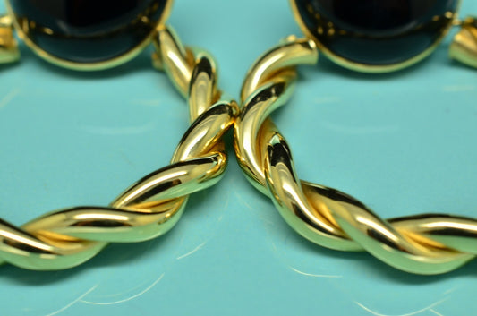 14K Yellow Gold dangling twisted hoops w/ black onyx post earrings