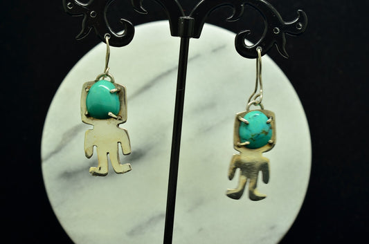 Handmade 925 Sterling Silver Stylized Mayan Gods Fishhook Earrings w/ Turquoise
