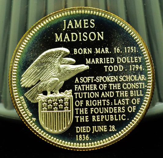 925 Silver Franklin Mint Art Round Presidential Treasure James Madison