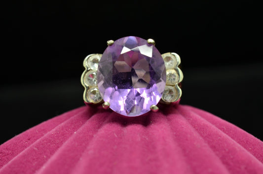 925 Sterling Silver Oval Purple Amethyst Ring Band w/ White Topaz Size 5.75