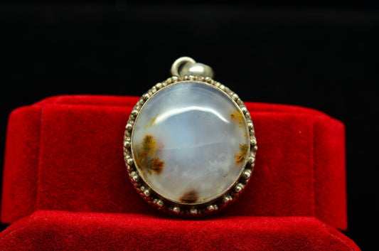 925 Sterling Silver moss agate round pendant charm