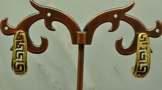 14K Yellow Gold Greek Key design J hoop post earrings