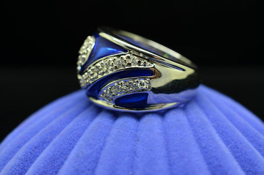 925 Sterling Silver Swirly CZ Design w/ Blue Enamel Dome Ring Band Size 6.75