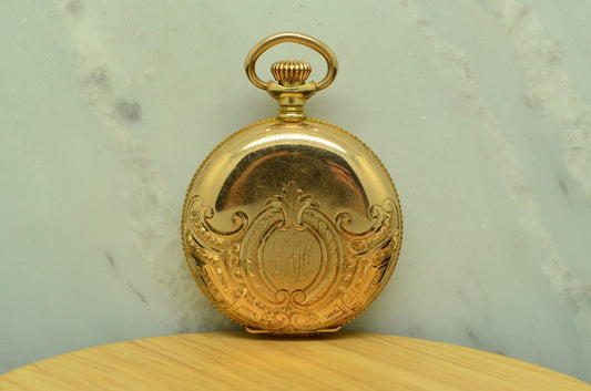 1900 WALTHAM POCKETWATCH 15 JEWEL SIZE 0 BEAUTIFUL ETCHED 14K GOLD HUNTER CASE