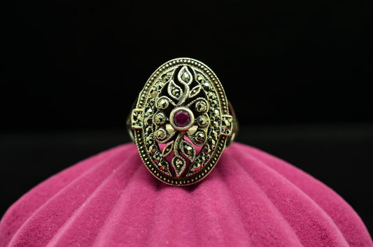 925 Sterling Silver Tiny Round Pink Ruby Ring Band w/ Marcasite Accents Sz 5.75