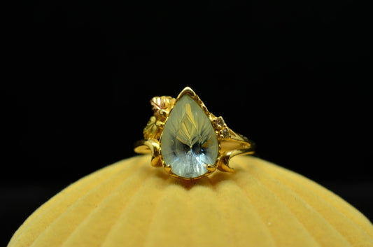 14K Yellow Gold Pear Cut Pale Blue Topaz Ring Band w/ Diamonds Size 6.25