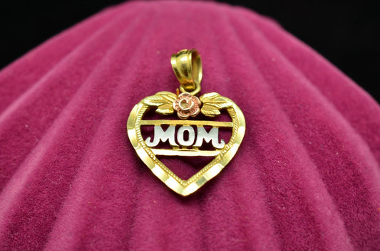 10K Yellow Gold Open Heart "MOM" Pendant Charm w/ Rose -Sparkles in the Light