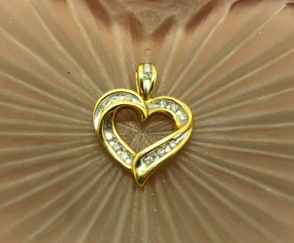 10K Yellow & white gold open heart w/ diamonds pendant charm 1/4 tcw #D3784
