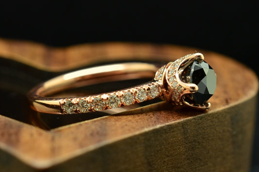 14K Rose Gold Black Diamond Solitaire Ring Band diamond hidden halo setting Sz 7