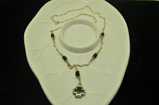 18" 925 Sterling Silver figaro chain with black bead stations and cross drop