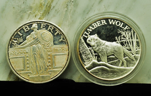Lot of Two 2 Troy Ounce .999 Silver Art Rounds -Timber Wolf and Lady Liberty