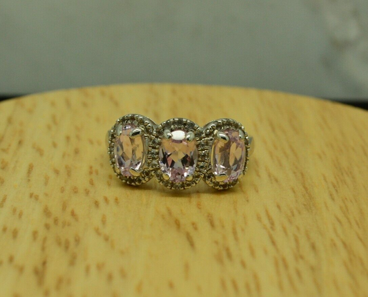 925 Sterling Silver 3 stone oval amethyst with diamond halos ring band size 8