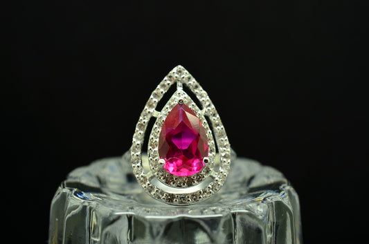 925 Sterling Silver Pear Cut Pink Ruby Ring Band w/ Double Halo Design Sz 6.75