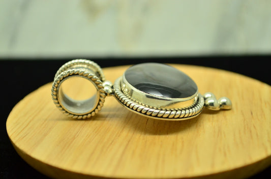 925 Sterling Silver oval black onyx solitaire beaded pendant charm -large