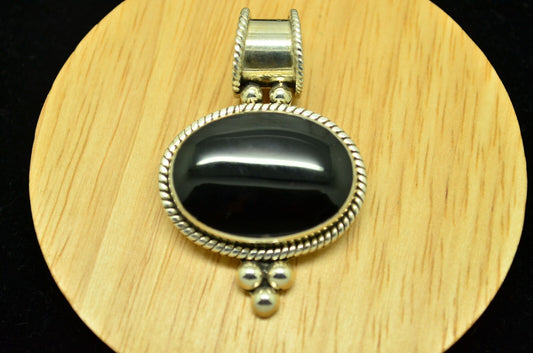 925 Sterling Silver oval black onyx solitaire beaded pendant charm -large