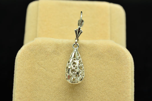 14K White Gold Dangling Filigree Raindrop Single Leverback Earring -just one