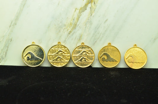 Lot of 5 Gold Plated Round Medals Pendants Awards -Wave Designs