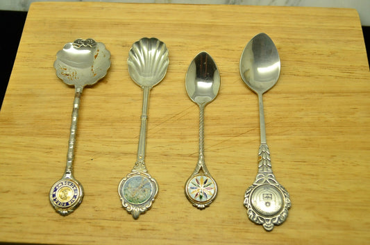LOT OF 4 SILVER PLATED ENAMEL COLLECTOR SPOONS -VARIOUS