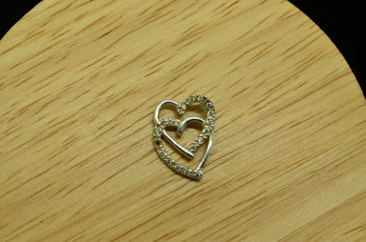 925 Sterling Silver two open hearts pendant charm w/ clear gemstones