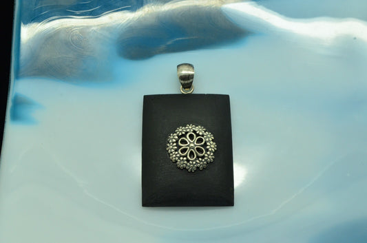 925 Sterling Silver black wood pendant charm w/ silver flower design