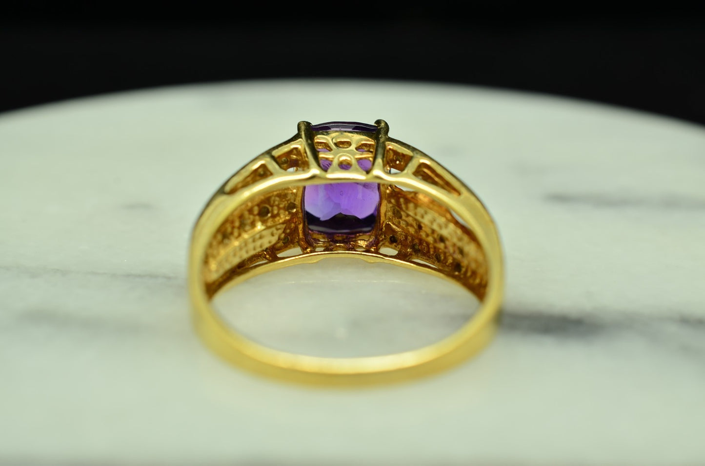 10K Yellow Gold Cushion Cut Amethyst Solitaire Ring Band w/ Diamonds Size 6.75