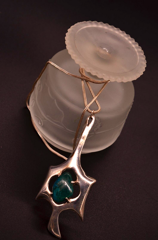 925 Sterling Silver Large Chrysocolla Pendant Charm  w/ 24" Wheat Chain