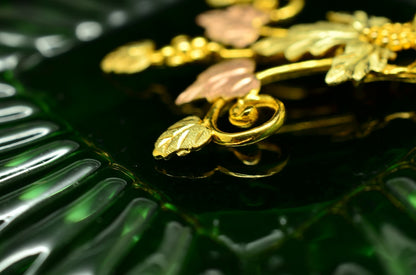 10K Yellow Gold Black Hills Gold Leaves & Grapes Design Pendant Charm -Large