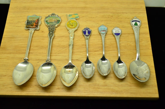 LOT OF 7 SILVER PLATED ENAMEL COLLECTOR SPOONS -VARIOUS FROM AROUND THE USA
