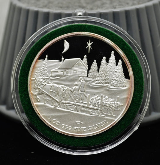 1999 Season's Greetings 1 Oz .999 Silver Art Round in Capsule