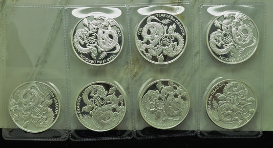Lot of Seven 2024 Year Of The Dragon One Troy Oz .999 Silver Art Rounds