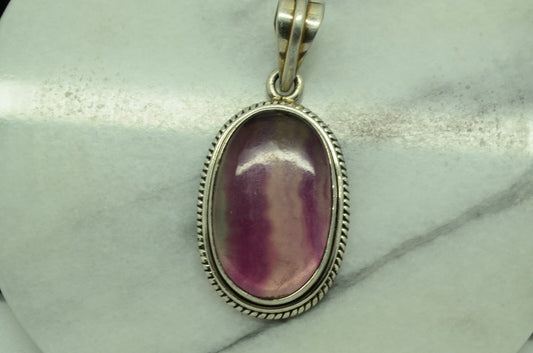925 Sterling Silver clear & purple streaky colored quartz oval pendant charm