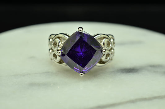 925 Sterling Silver Large Purple Amethyst Solitaire Ring Band Size 6.75